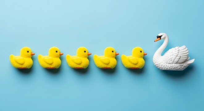 White swan leads yellow ducks in row.