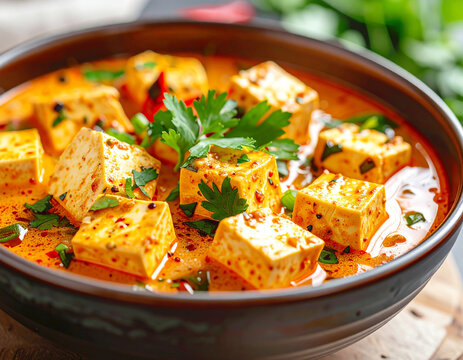 Tofu curry, Thai-style flavors, closeup. AI