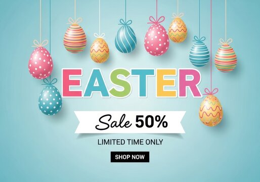 Easter sale graphic with colorful hanging decorated eggs and a fifty percent discount promotion