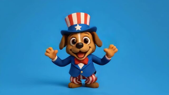 Happy Dancing Dog Dressed as a Uncle Sam Charcter on a Blue Background