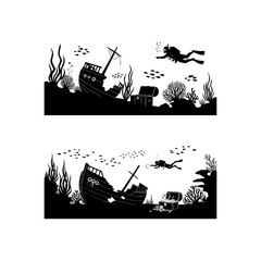 Obraz premium Scuba Diver Exploring Sunken Shipwreck and Treasure Chest Silhouette.