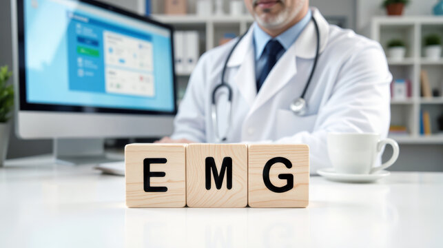 EMG electromyography test for nerve and muscle disorder screening, doctor explains neuromuscular exam results for neuropathy and radiculopathy evaluation in neurology practice for referral