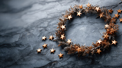 Golden stars forming a celebratory circle on a dark slate background, symbolizing unity, success, and commemorating European history, freedom, and triumph