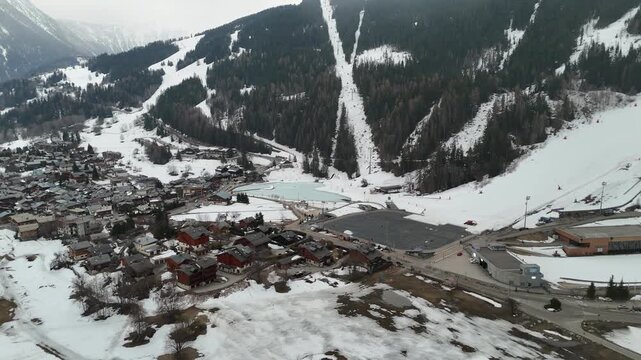Aerial view of le Praz village in Courchevel ski resort by winter
