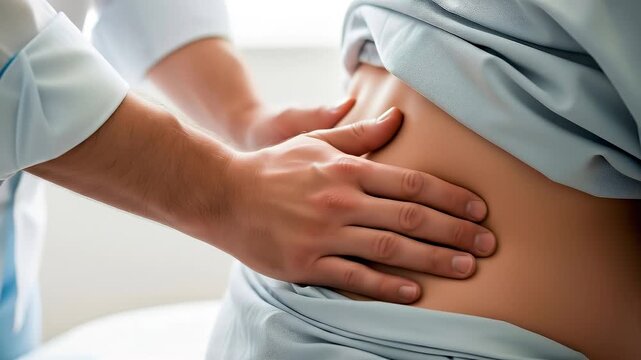Husband massaging lower back of pregnant wife in hospital gown to relieve labor pain