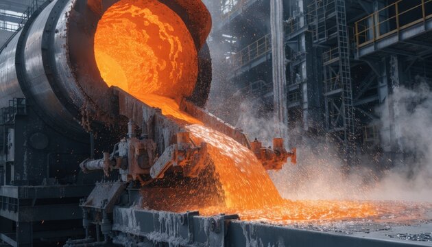 Close view of automated equipment channeling bright copper matte from a reverberatory furnace during a day shift at a sprawling metallurgical complex highlighting efficiency and