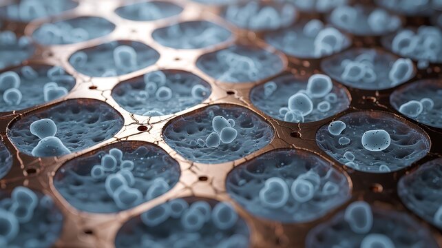 Extreme macro close-up of a cryo-em copper grid with holey carbon film and vitrified ice, showing protein particles as dark spots for structural biology research