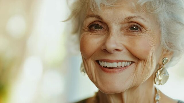 Happy older lady with white hair smiling and expressing contentment in her senior years.