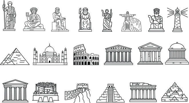 Black and white world wonders and historical monuments vector icons set featuring famous landmarks and ancient architecture illustrations