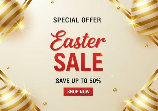 Elegant easter sale promotional banner featuring golden striped eggs and a special discount offer