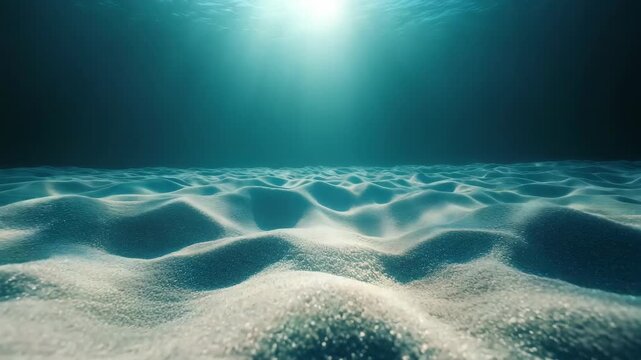 Close-up underwater view of sand ripples and grains on ocean floor.