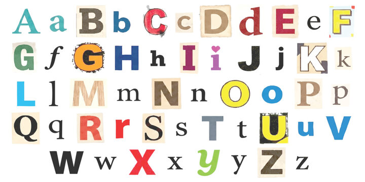 Alphabet set of cutout ransom note style letters from magazines, vector typography collection illustration
