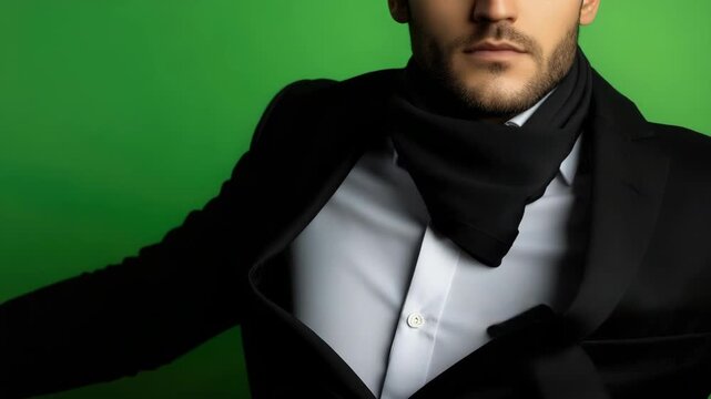 A modern portrait of a man with a neutral expression, wearing business attire and a scarf against a green background. This video is suitable for fashion editorials or high-end advertising.