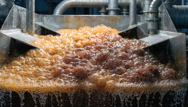 Closeup of cleaner froth flotation cell showing bubbling copperrich froth surface and launders for collecting purified mineral concentrate in a processing plant.