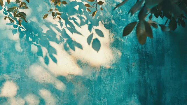 A tranquil scene of a tree's leaves casting dappled sunlight on a blue textured wall.