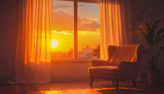 Cozy living room with armchair by window and warm sunset light