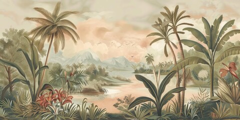 Naklejka premium Wallpaper serene tropical landscape painting in pastel tones