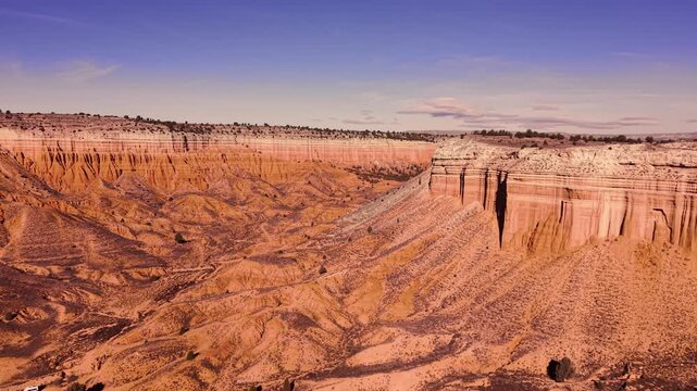 Drone aerial view of red desert canyon erosion formations, Teruel, Spain
