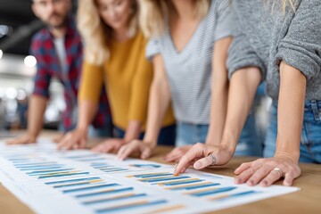 Obraz premium Teamwork in progress, close-up on hands reviewing charts and graphs for analysis, a strategic business meeting in a modern office setting with coworkers collaborating.