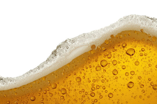 Refreshing golden lager beer with dynamic foam wave and carbonated bubbles, liquid splash with transparent background