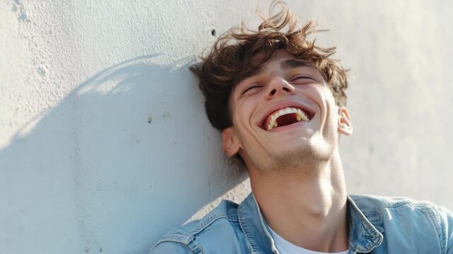 The video features a young man wearing casual attire, who appears to be in the midst of laughter. His happiness is evident from his broad smile and carefree posture. The background suggests an urban
