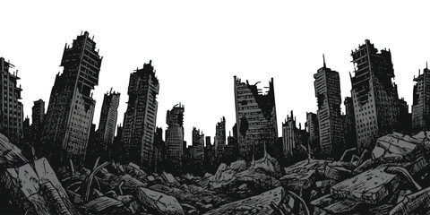 Post-apocalyptic city ruins with destroyed skyscrapers and rubble, black and white comic book style illustration © ZenVectors