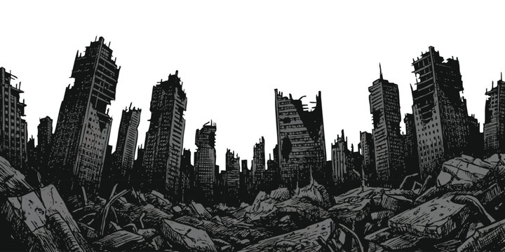 Post-apocalyptic city ruins with destroyed skyscrapers and rubble, black and white comic book style illustration