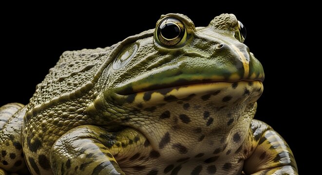 Close-up of a large green frog with textured skin on a dark background.