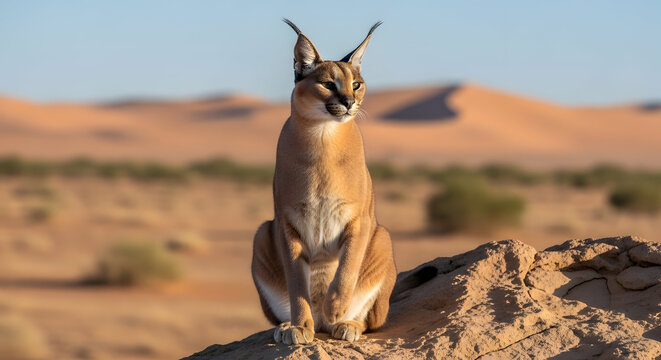 A serval sits on a rock in a desert landscape with a clear blue sky