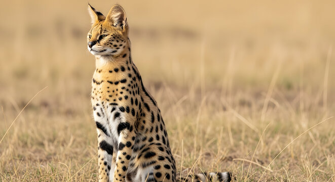 A serval cat sits in a field of dry grass looking alert and focused.
