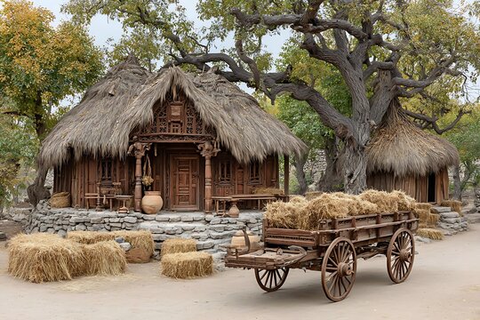 Rustic village scene with thatched roof hut and hay-filled cart Image