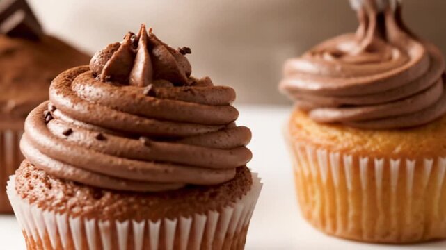 Delicious cupcakes with chocolate frosting on a white table indoors