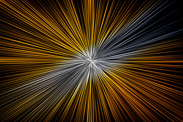 Obraz premium Abstract surface of radial blur zoom with gold, orange, white and black rays creating dynamic motion and strong contrast on a dark background.