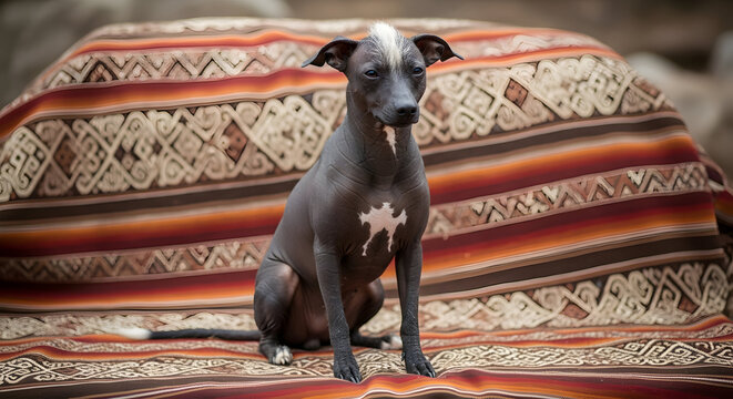 A hairless dog sits on a colorful blanket with a patterned design
