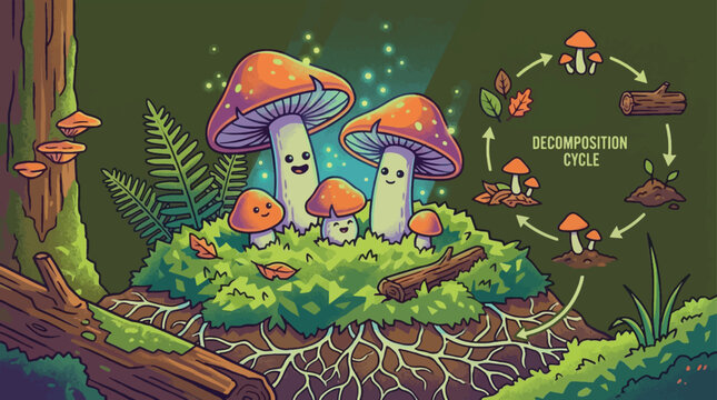 Cute Mushroom Decomposition Cycle Vector Illustration with Forest Background and Root System