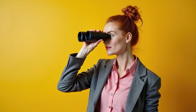 Woman in grey blazer looks through black binoculars. Red hair bun, pink shirt, yellow background. Focused female searches for future opportunity or distant goal. Corporate vision pursuit.