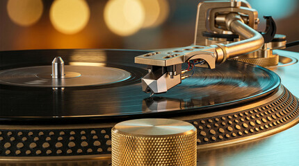 Macro close-up of a golden turntable stylus playing a vinyl record with warm background bokeh
