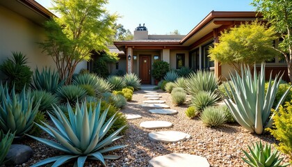 Front yard xeriscape garden with stone path leading to house entrance. Drought-tolerant plants like agave and succulents create a water-wise landscape. Gravel ground covers most of the area.