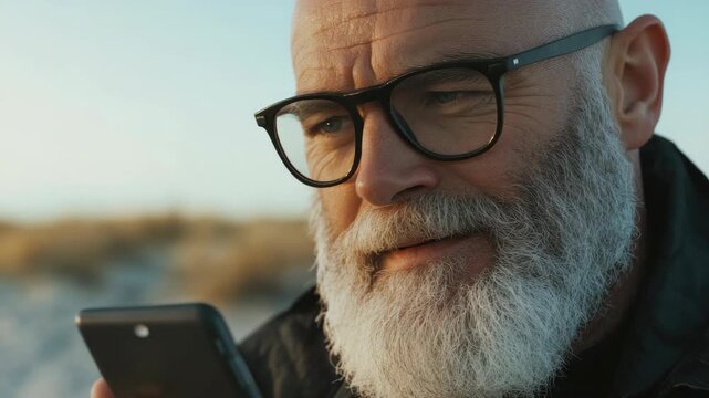 Middle aged man with a beard looking at his smartphone. He appears to be deep in thought or engrossed in something on the screen.
