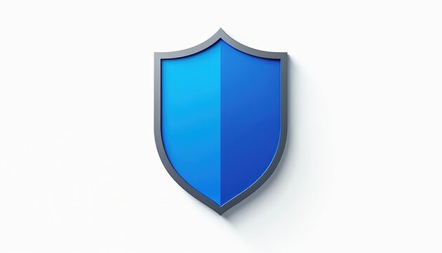 Blue and gray shield emblem on white background. It symbolizes protection, security, and defense. Visual graphic represents safety and digital guarding. Concept art for data.