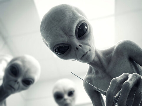 Grey alien holding a medical syringe and looking down in a bright examination room