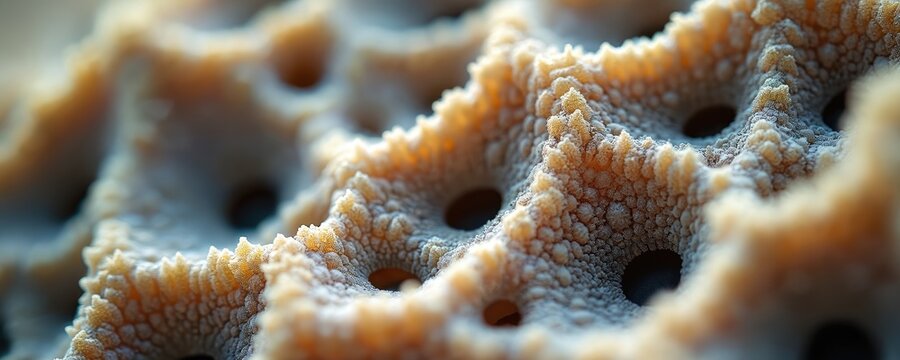Close-up of brain coral texture. Intricate porous structure shows calcium carbonate formations. Abstract underwater organic pattern forms cellular shapes.