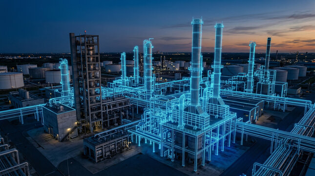 Industrial oil refinery plant with a blue digital wireframe overlay at dusk