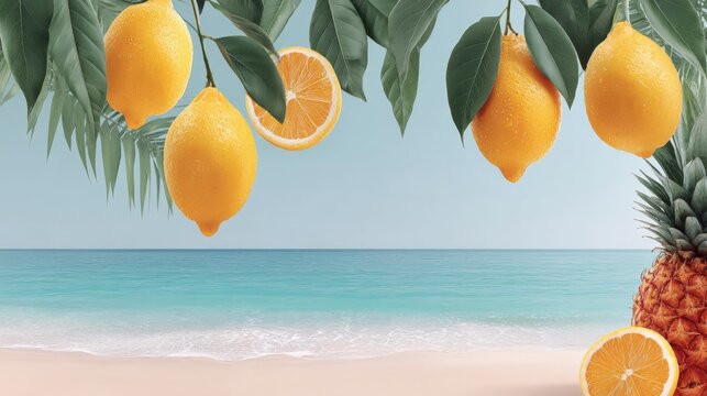 Fresh lemons and pineapple by a tropical beach, with turquoise sea and clear sky creating a summer vacation and citrus refreshment concept,