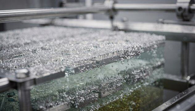 Closeup medium shot focusing on smooth cathodes forming pure precious metal layers inside a wellequipped electrorefining setup highlighting crystalclear electrolytic processes.