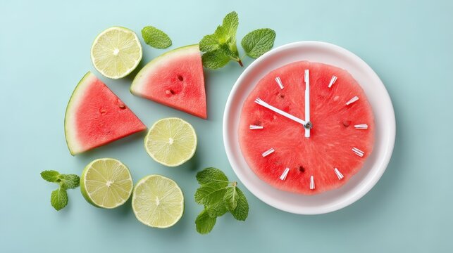 Creative watermelon clock on plate with lime slices and mint leaves on pastel blue background,