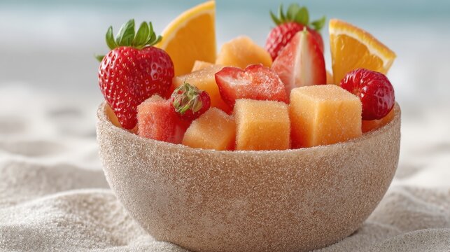 Bowl of fresh mixed fruit with strawberries, melon cubes, and orange slices resting on sandy beach with ocean in the background,