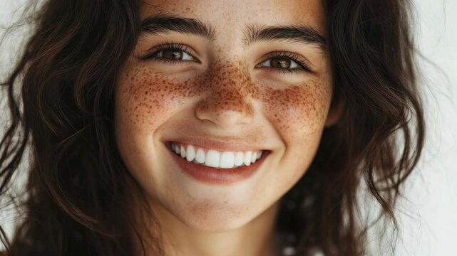 Portrait of young woman with freckles and beard, smiling at the camera