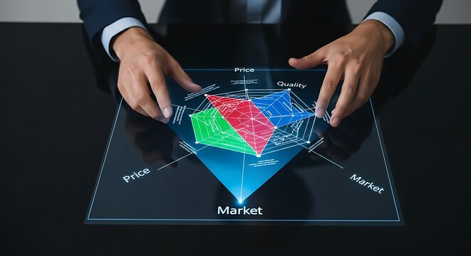 Competitor analysis concept. Hands rotating a 3D holographic radar chart comparing multiple competitors on key metrics like price, quality, and market share.