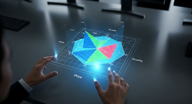 Competitor analysis concept. Hands rotating a 3D holographic radar chart comparing multiple competitors on key metrics like price, quality, and market share.